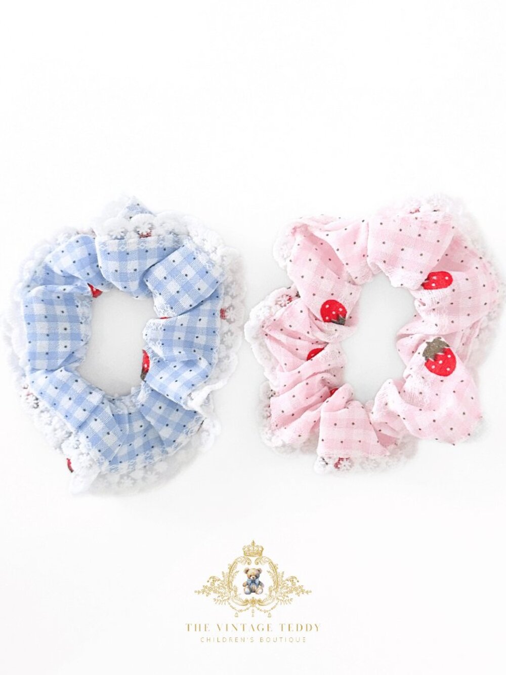NWT Cute Girls Hair Scrunchies Gingham & Strawberries Blue & Pink Set of 2 OS